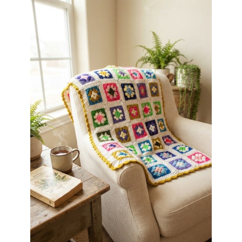 VTG Handmade Crochet Granny Square Afghan Blanket Colorful Floral Throw Boho